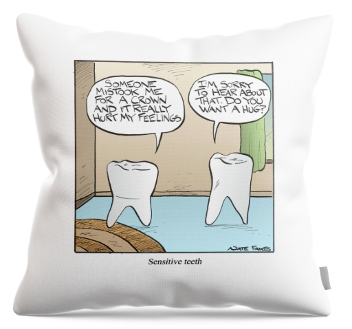 Cartoon by Nate Fakes of sensetive teeth on a throw pillow