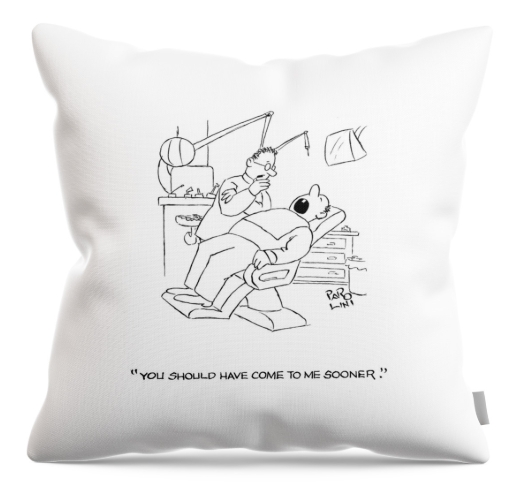 Cartoon on a throw pillow of dentist by Elmer Parolini