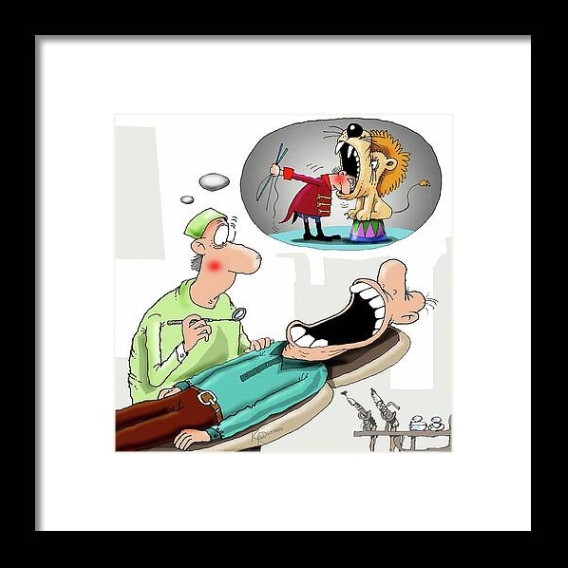 Cartoon of a dentist imagining putting his head in a lion by Nikolay Krutikov