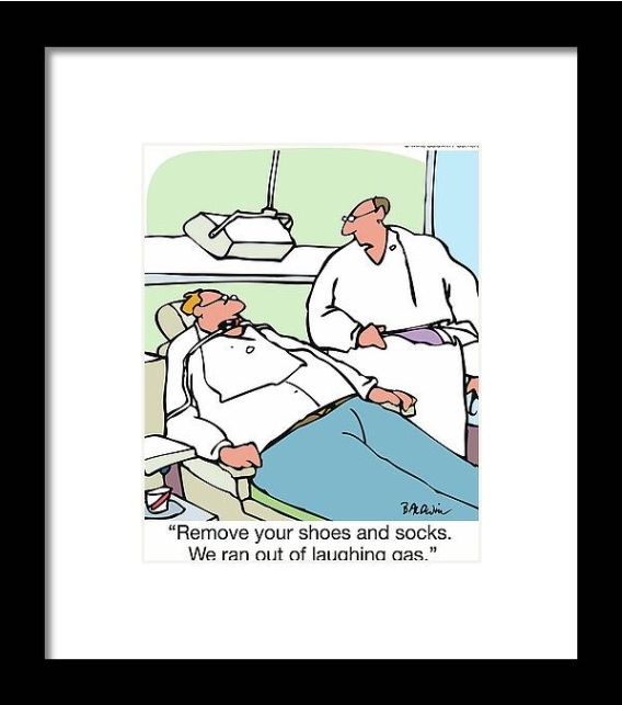 Cartoon of dentist telling patient they have ran out of laughing gas framed print by Mike Baldwin