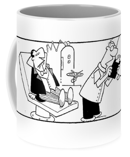 Cartoon mug of dentist examining a vampire by Werner Wejp-Olsen