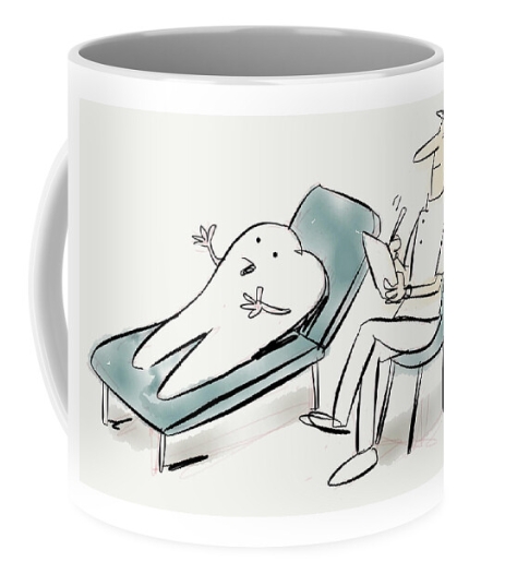 Mug showing cartoon by Elis Nadler. A dentist as a psychiatrist