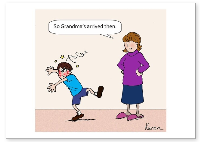 Greetings card with cartoon image by Keren Keet. A boy with lipstick marks after Grandmas kisses