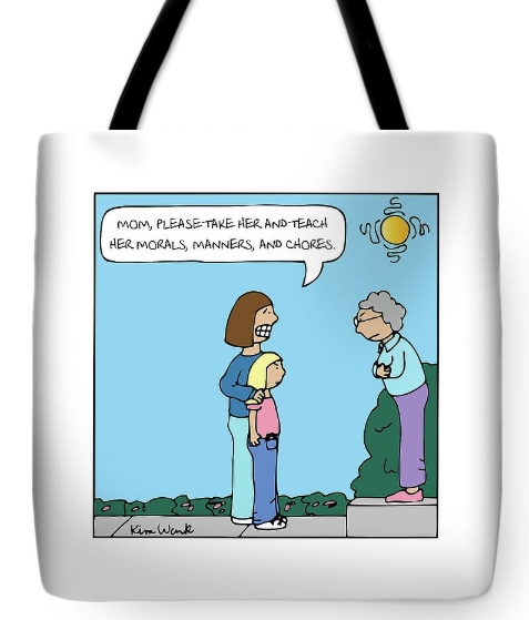 Cartoon tote bag by Kim Wark. Mother dropping child to Grandmas