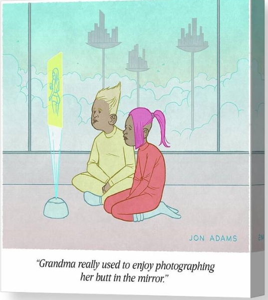 Canvas print by Jon Adams. Two teens discussing grandmas selfies