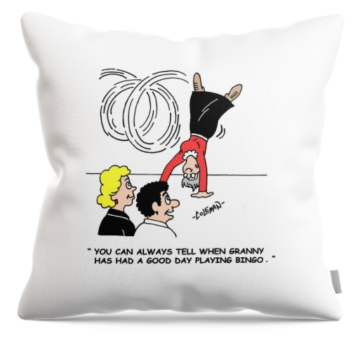 Cartoon on a throw pillow by Ron Coleman. Grandma doing gymnastics