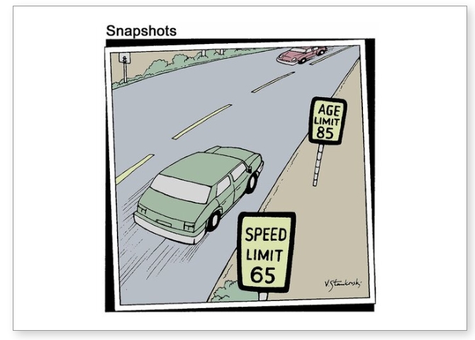 Cartoon by Jason Love on a greetings card showing speed limit vs age limit