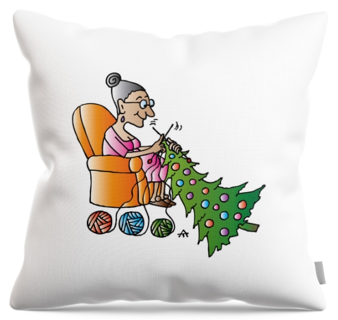 Cartoon of Grandma knitting the tree by Alexei Talomonov on a throw pillow