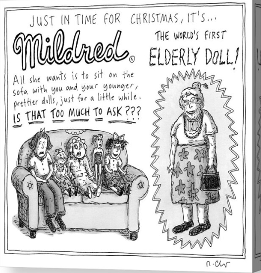 Cartoon canvas print by Roz Chast showing the worlds first elderly doll