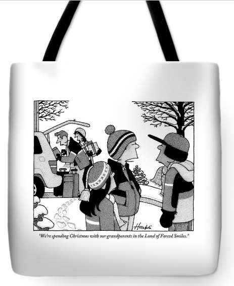 Cartoon on a tote bag by William Haefeli. Family traveling to grandmas for Christmas