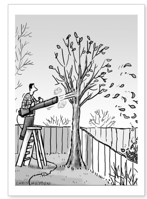 Greetings Card cartoon by Chris Madden showing man blowing leaves off his tree into next doors garden