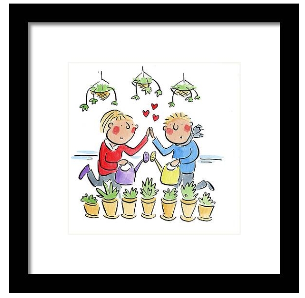 Cartoon of gardeners by Rosie Brooks in Framed Print