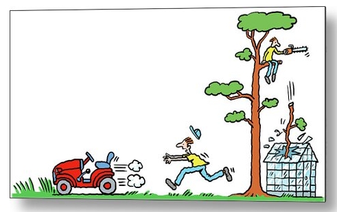 Gardening metal print by cartoonist Ellis Nadler. Man chasing lawn mower and another sawing the branch off that he's sitting on