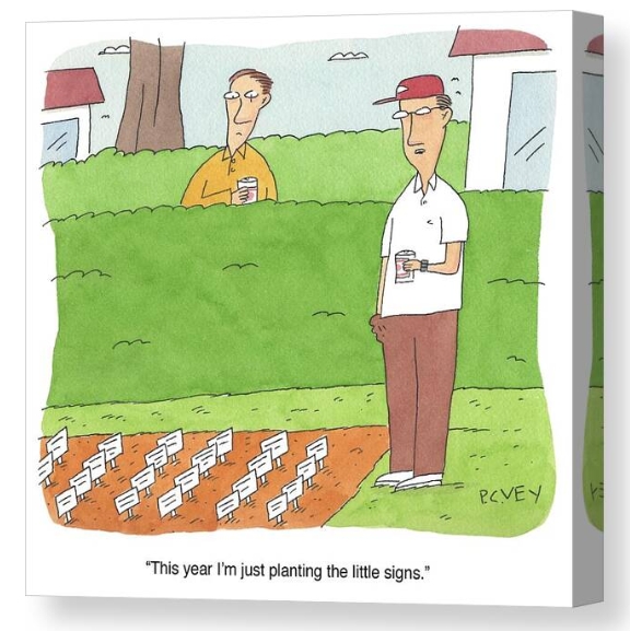 Cartoon on canvas print by p.C Vey. Man in garden planting the labels from plants