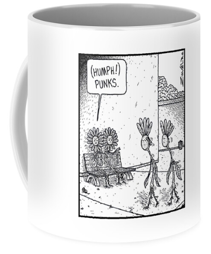 Cartoon mug by Tony Zuvela. Flowers see other flowers with petals missing and call them punks