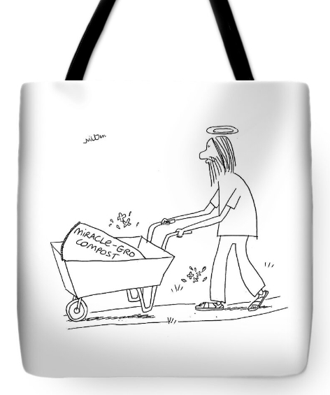 tote bag showing Jesus with a wheelbarrow cartoon by Will Dawbarn