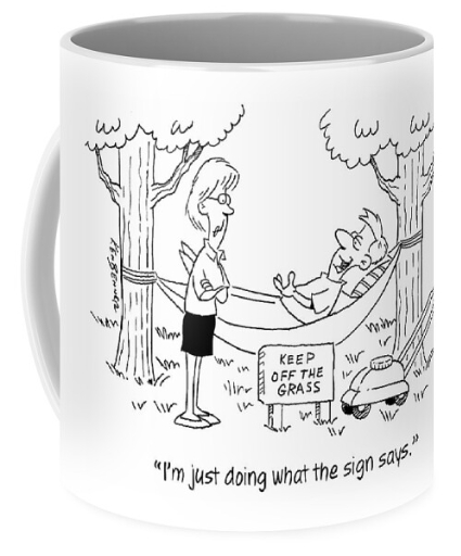 Coffee mug cartoon by Ken Benner. Man keeping off grass by resting in hammock