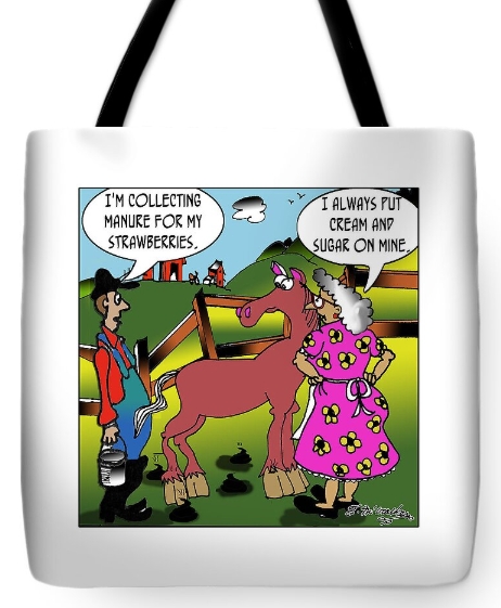 Tote bag with cartoon image by Theresa Mccracken. Collecting manure to fertalise strawberries