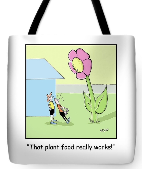 tiote bag with cartoon image by Phil Judd. Massive plant grown with miracle grow