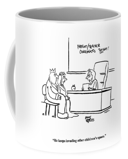 Cartoon on a mug by Johnny Hawkins. Royal son accused of invading other childrens spaces