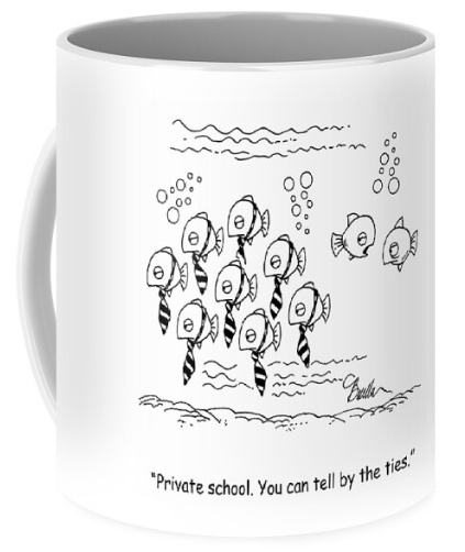 Cartoon on a mug by Marty Bucella. Fish with ties go to private school