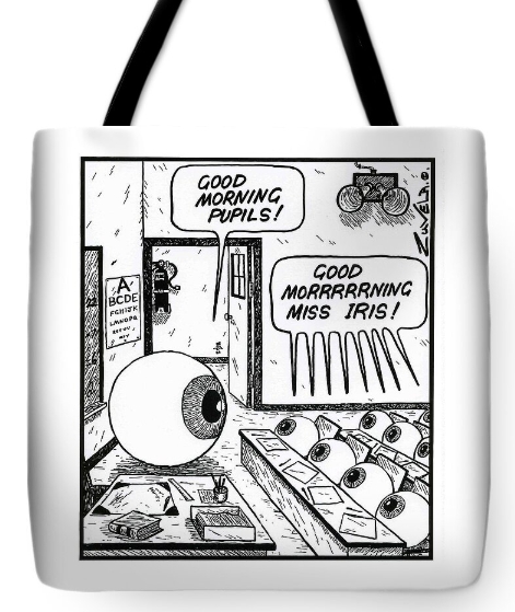 Cartoon on tote bag by Tony Zuvela. Pupils greeting Ms iris their teacher