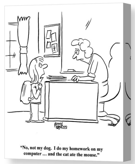 Cartoon canvas print by Johnny Hawkins. Girl claiming to teacher her cat ate the mouse on her computer