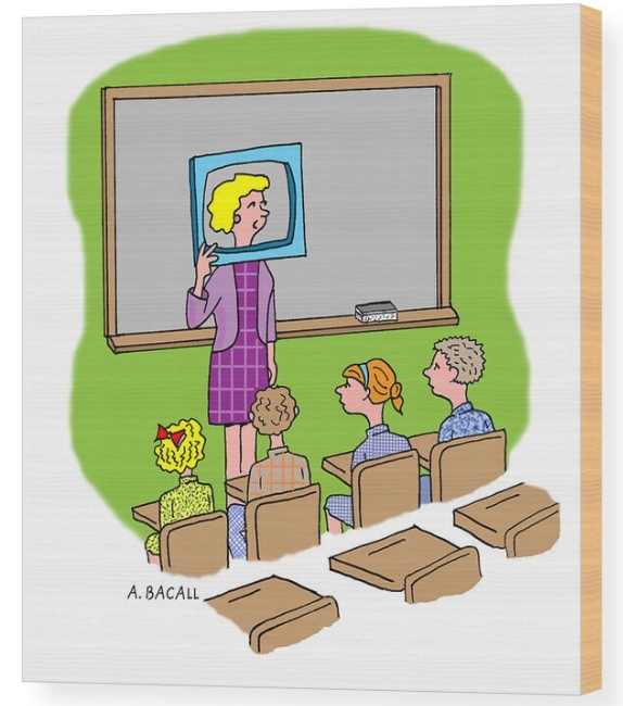 Cartoon on wooden print of teacher teaching through tv screen by Aaron Bacall