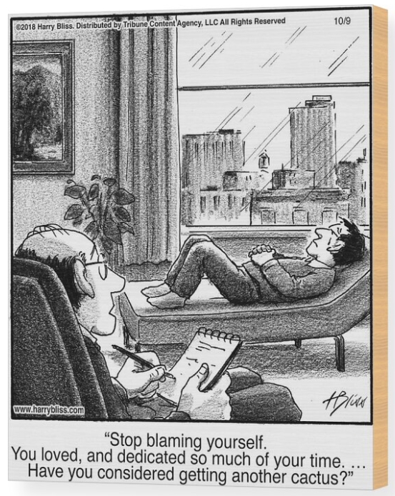 Cartoon wooden wall art by Harry Bliss. Therapist comforting patient after he killed his cactus