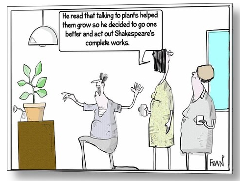 Cartoon Metal Print by cartoonist Fran. Man acting shakespeare's complete works with houseplant