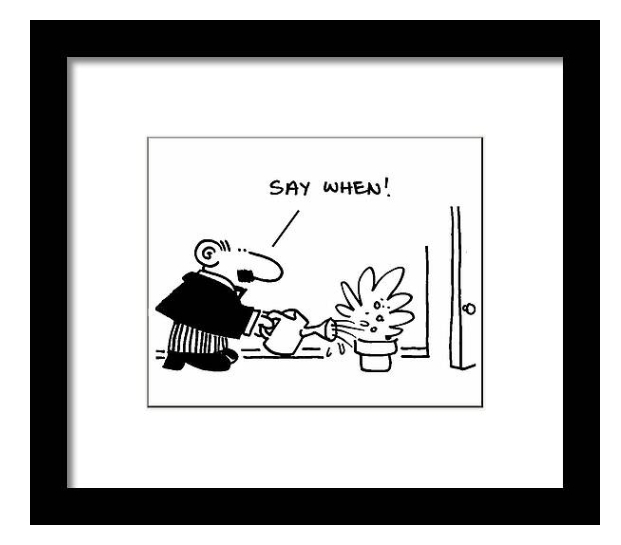 Mike Flanagan Cartoon framed print, man watering his houseplant