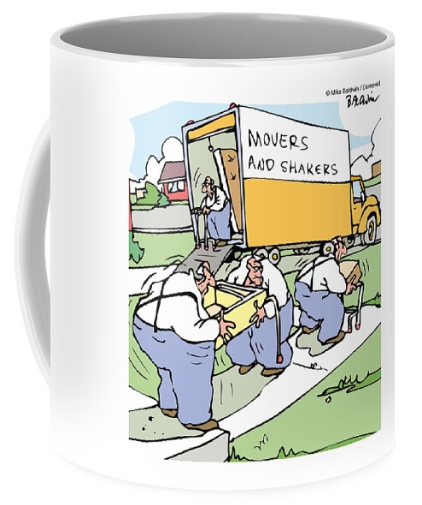Movers and shakers OAP removal company great gift on a mug by cartoonist Mike Baldwin