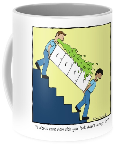 Movers throwing up cartoon on a mug gift by Kim Wark