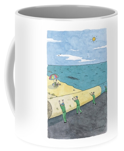 Cartoon on a mug, removal men rolling the sand from a beach gift by Danny Shanahan