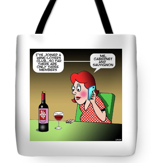 Cartoon of wine lover on tote bag gift for wine enthusiasts by cartoonist Mark Lynch