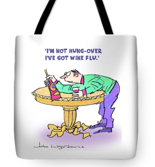 Cartoon of man drinking wine on a tote bag gift by John Lightourne