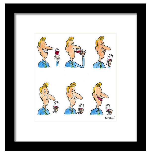 Man with red tooth after drinking wine cartoon framed print by Michel Cambon
