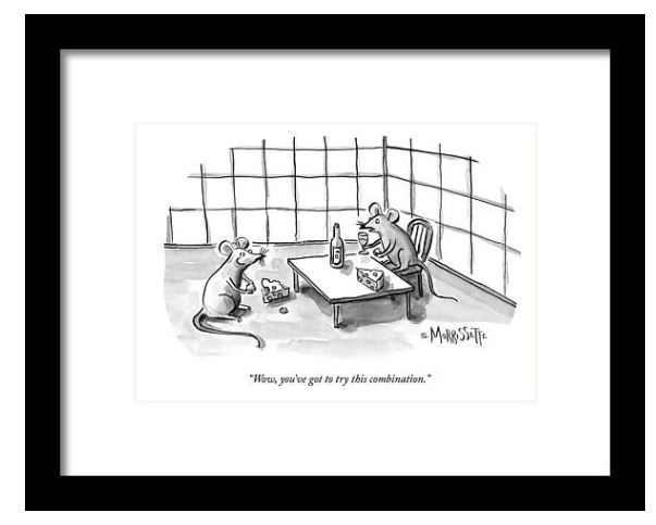 Two mice trying cheese with wine cartoon framed print by Sarah Morrissette