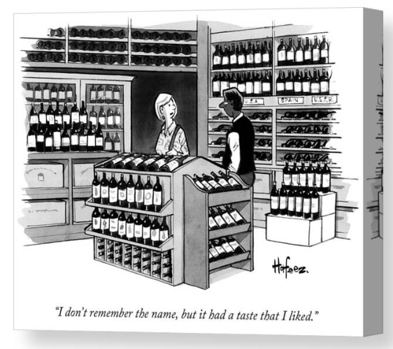 Cartoon on canvas print by Kaamram Hafeez. Woman not remembering the wine she liked by its name but by its taste