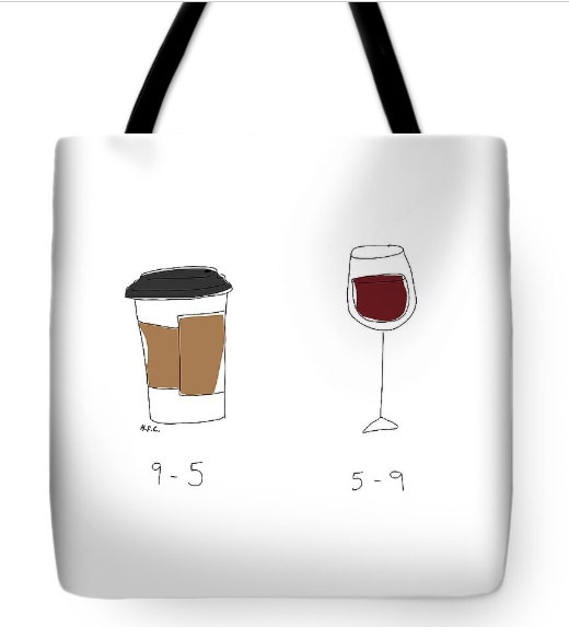Cartoon on tote bag of coffee and wine gift for wine lovers by Hilary Campbell