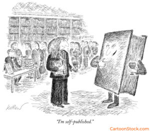 Cartoon by Edward Koren. A book claims it is self published