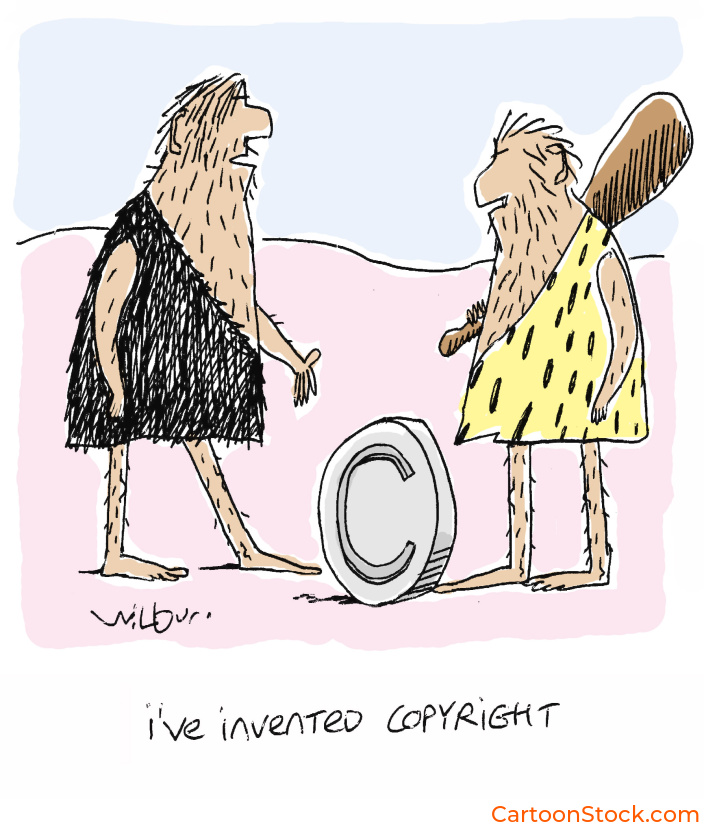 Cartoon by Will Dawbarn. Cavemen inventing copyright