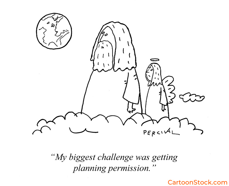 Cartoon by Matt Percival. God obtaining planning permission for Earth